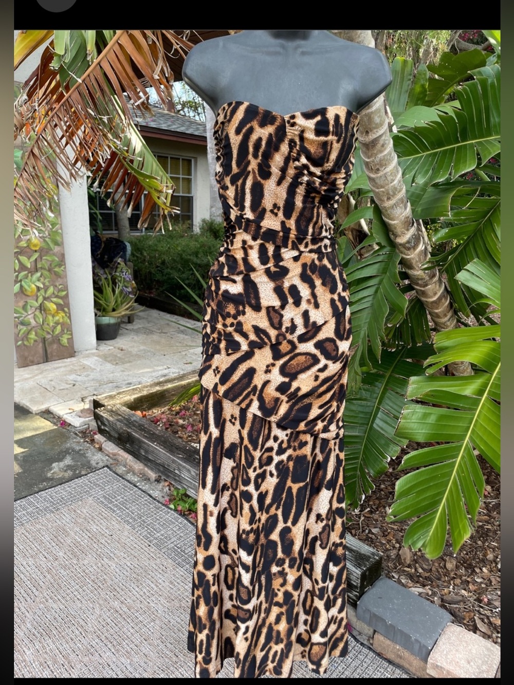 strapless, leopard print drop waist midi or maxi dress